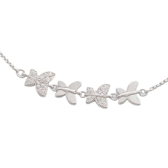 Silver bracelet with leaf designs on a white background