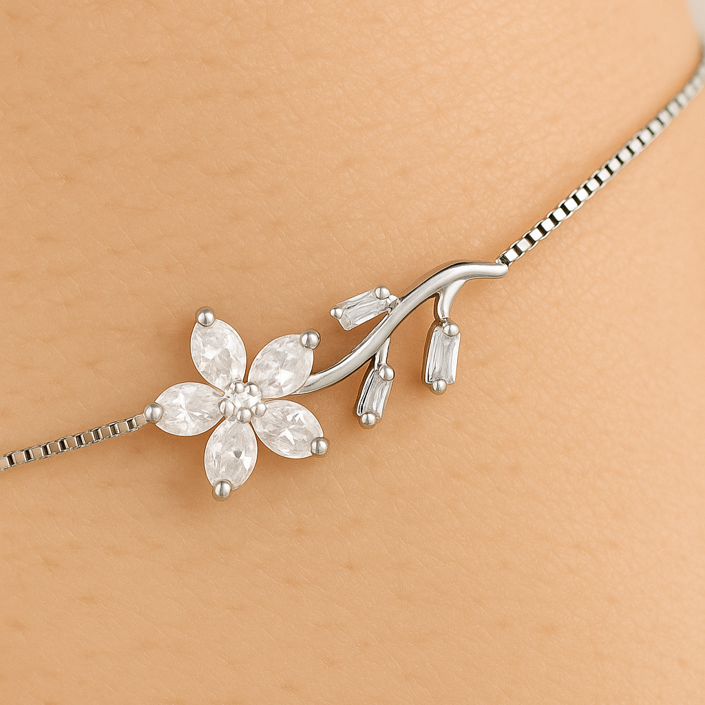 Silver floral headband on a beige background