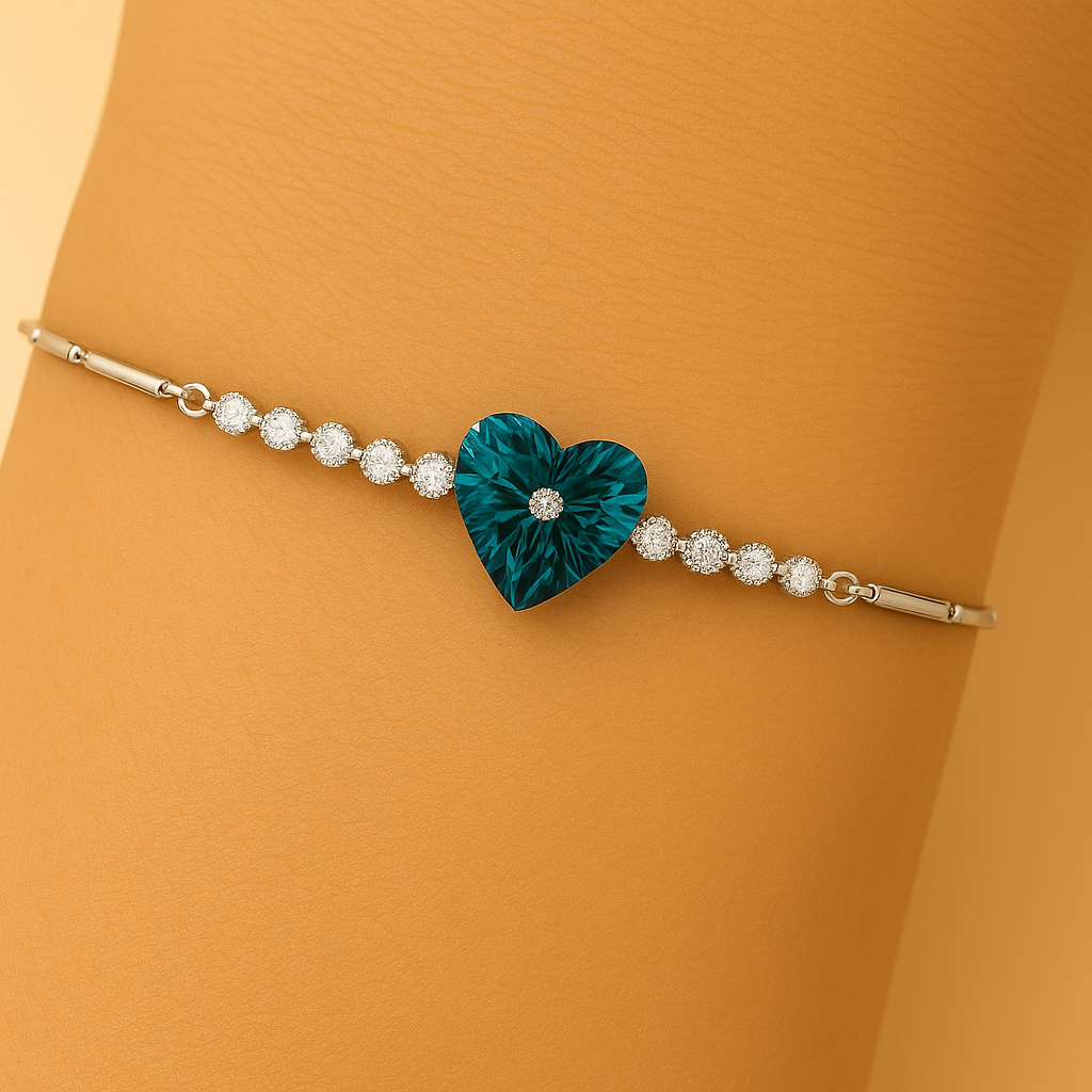 Bracelet with a teal heart-shaped gemstone on an orange background