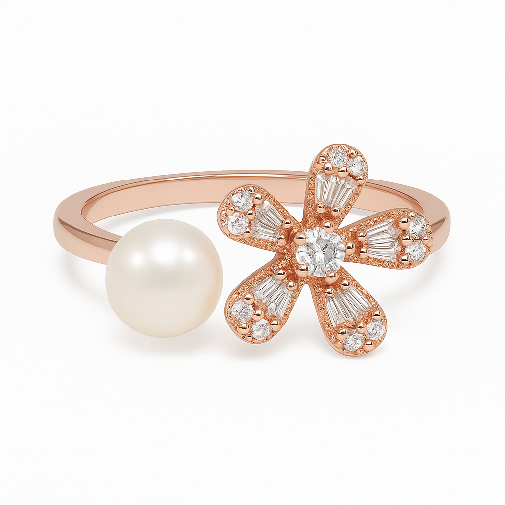 Rose gold ring with a pearl and diamond flower design on a white background