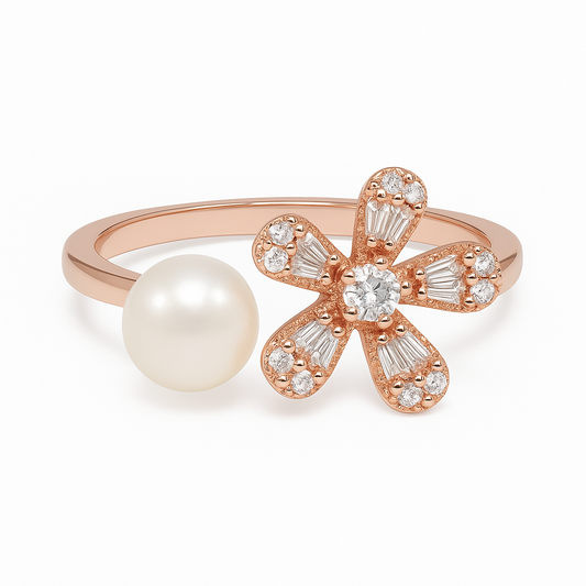 Rose gold ring with a pearl and diamond flower design on a white background