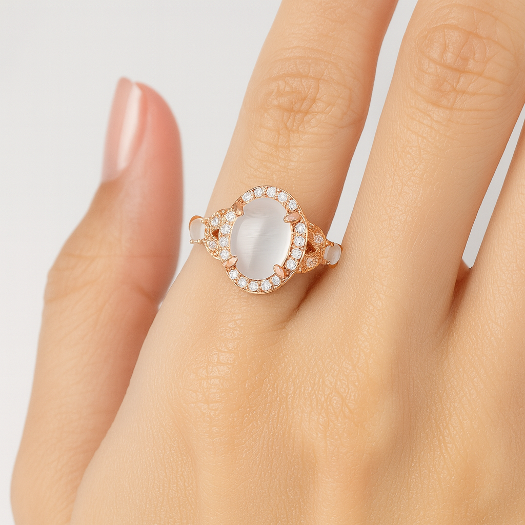 Rose gold ring with a large gemstone on a hand against a light background