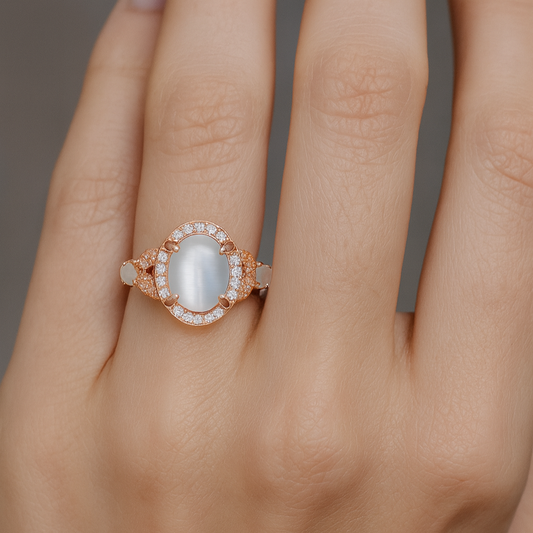 Rose gold ring with a large central gemstone and smaller stones on a finger against a neutral background