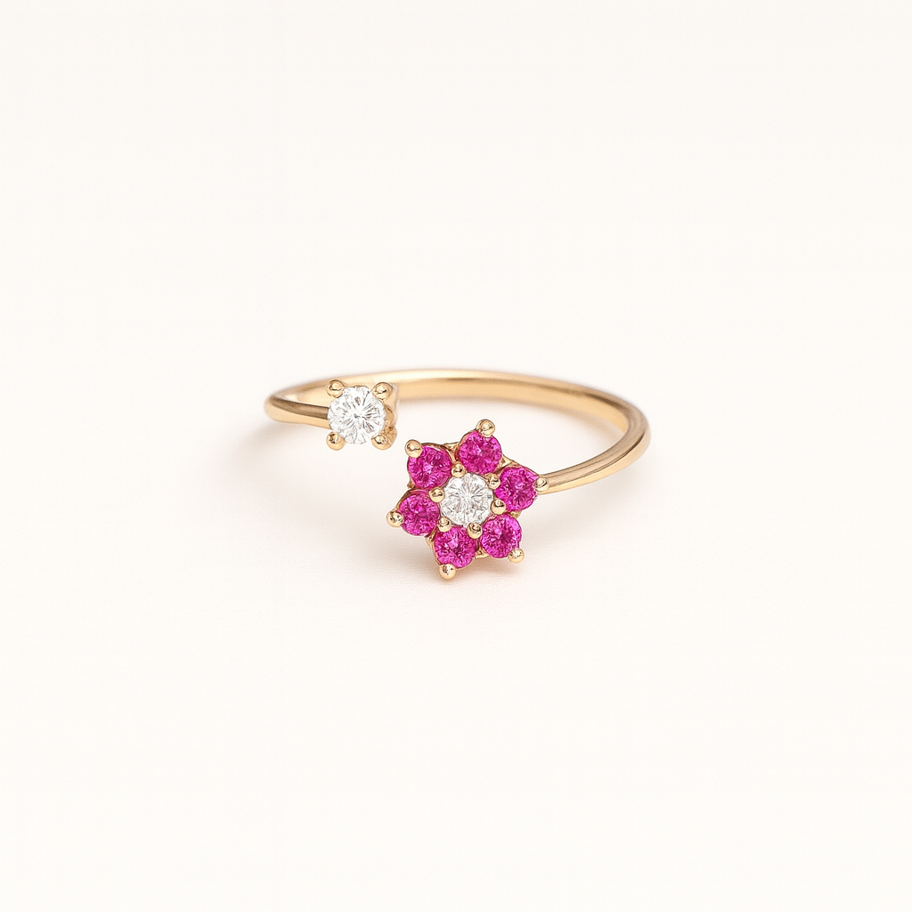 Gold ring with pink gemstones on a white background