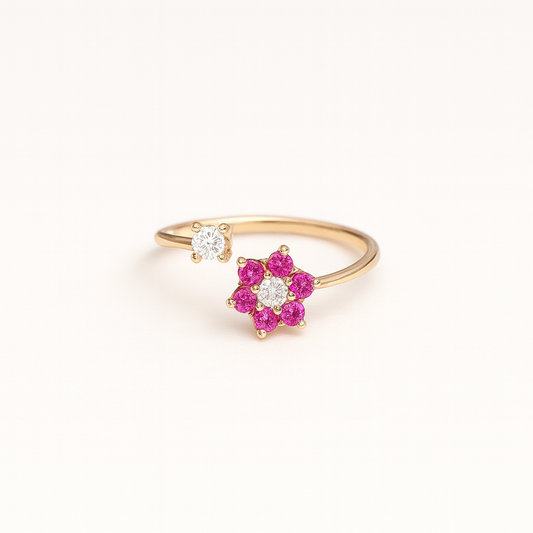 Gold ring with pink gemstones on a white background