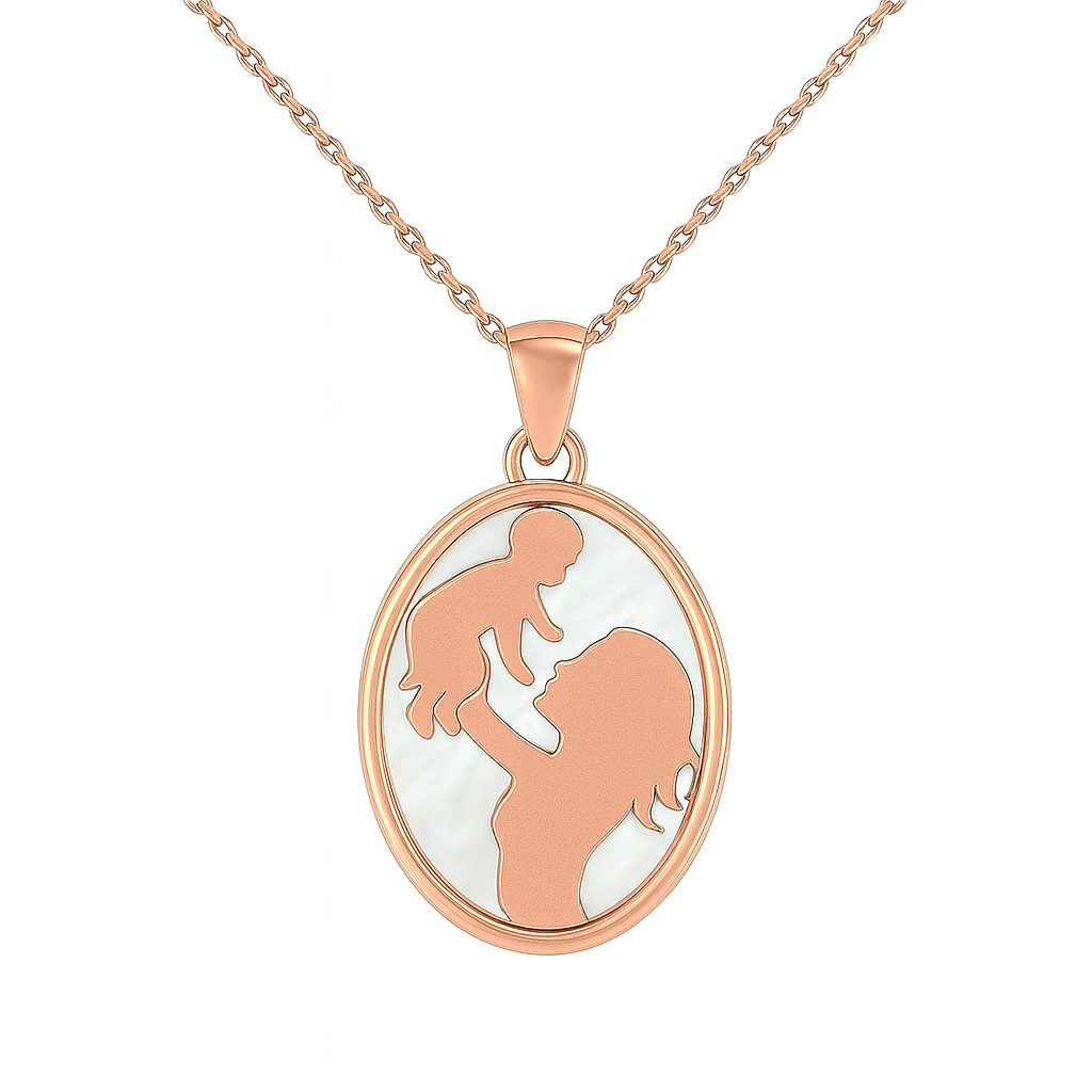 Rose gold necklace with a pendant featuring a silhouette of a woman holding a child on a white background