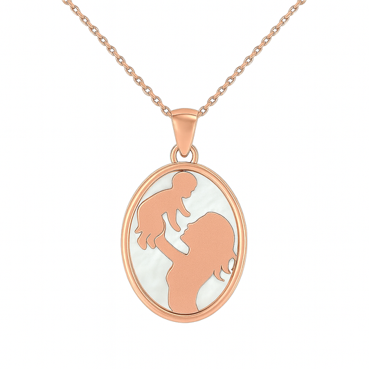 Rose gold necklace with a pendant featuring a silhouette of a woman holding a child on a white background