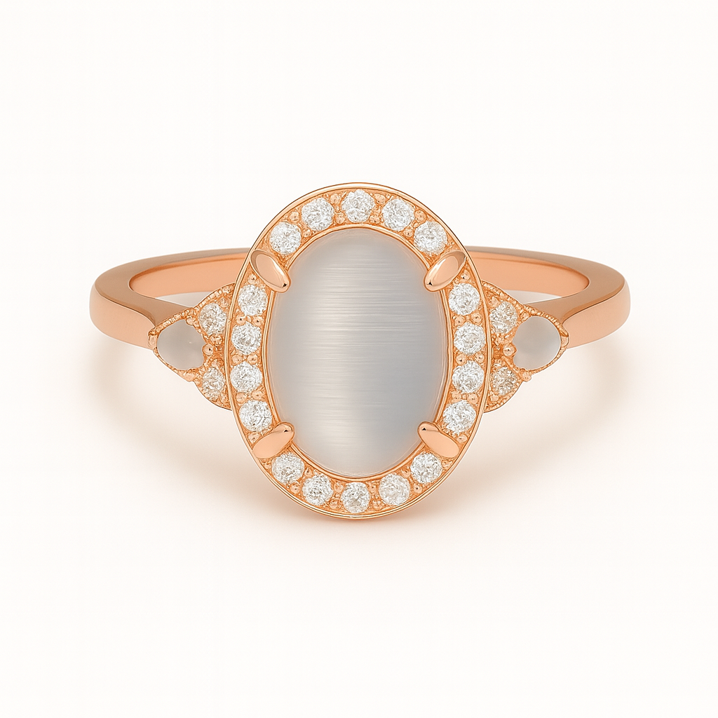 Rose gold ring with a central stone and diamond accents on a white background