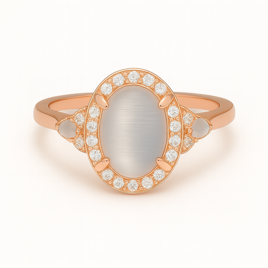 Rose gold ring with a central stone and diamond accents on a white background