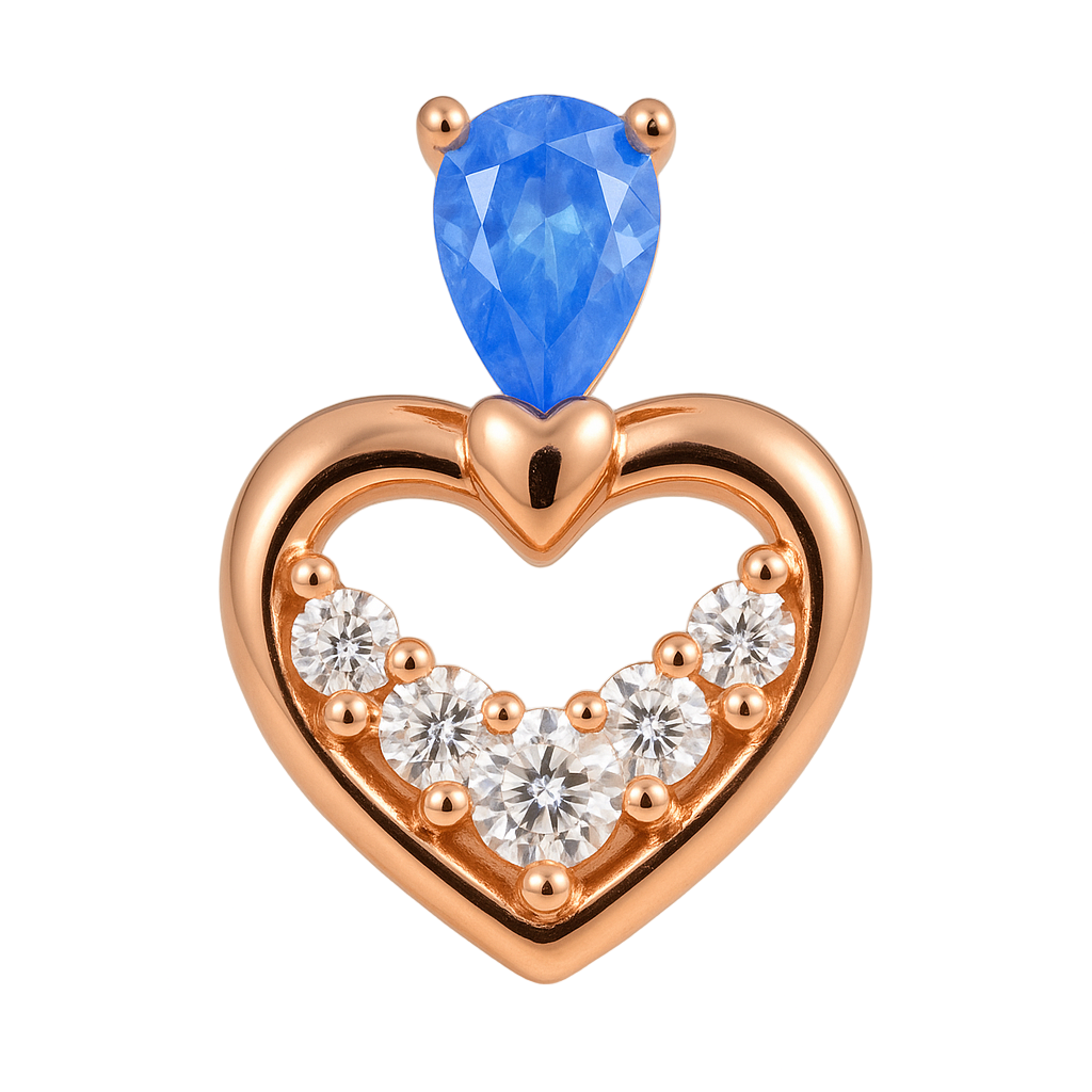 Heart-shaped rose gold pendant with blue teardrop gem and clear stones on a beige background