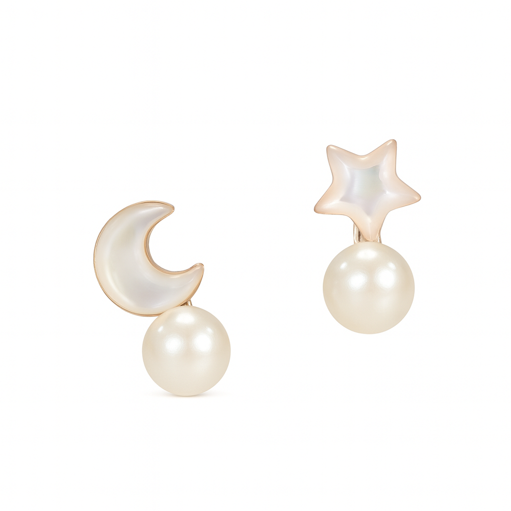 Pair of earrings with moon, star, and pearl designs on a white background