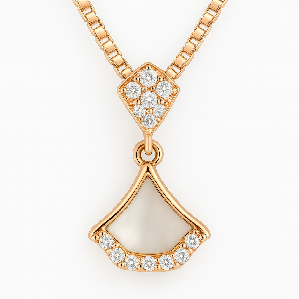 Rose gold necklace with a pendant on a white background