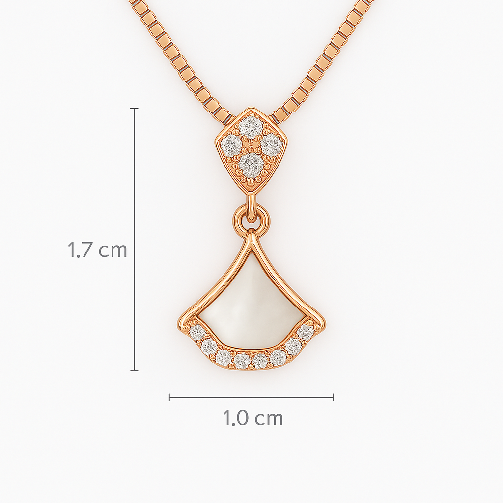 Rose gold necklace with a fan-shaped pendant and diamond accents, shown with measurements on a white background.