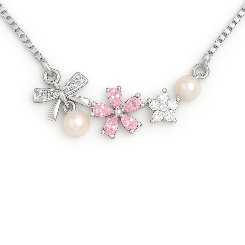 Necklace with butterfly and bow pendants on a white background