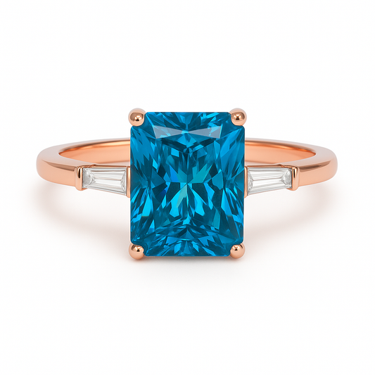 Rose gold ring with a blue gemstone on a white background