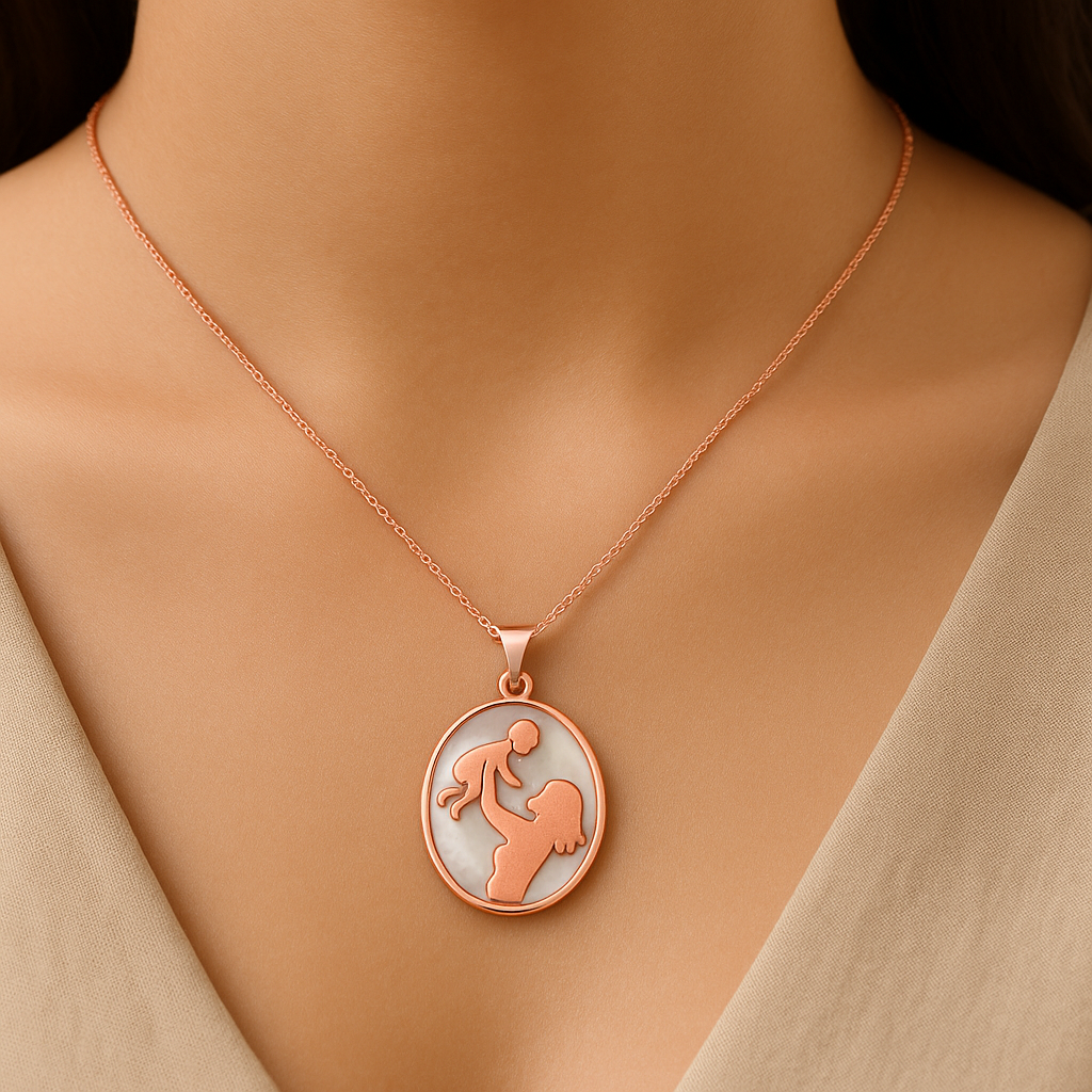 Rose gold necklace with a pendant on a person wearing a beige top