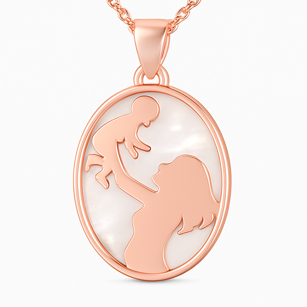 Rose gold pendant with a design of a woman holding a child on a white background