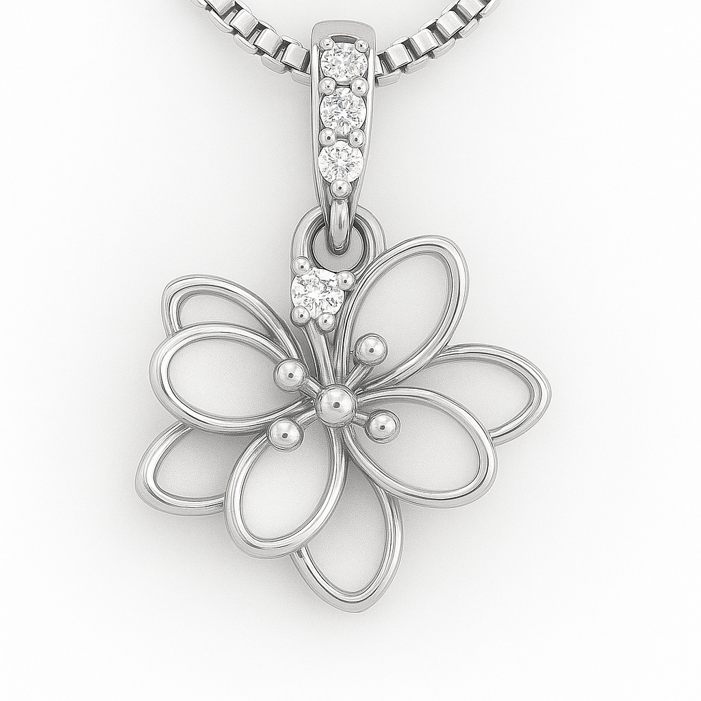 Silver flower-shaped pendant with embedded diamonds on a white background