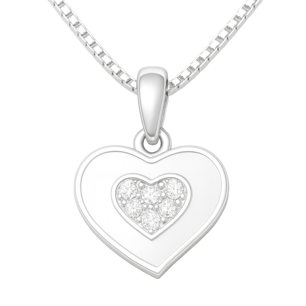 Silver heart-shaped pendant with a clear gemstone on a white background
