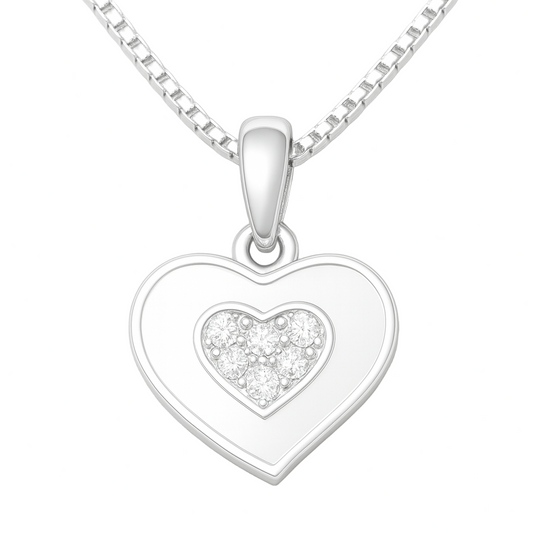 Silver heart-shaped pendant with a clear gemstone on a white background