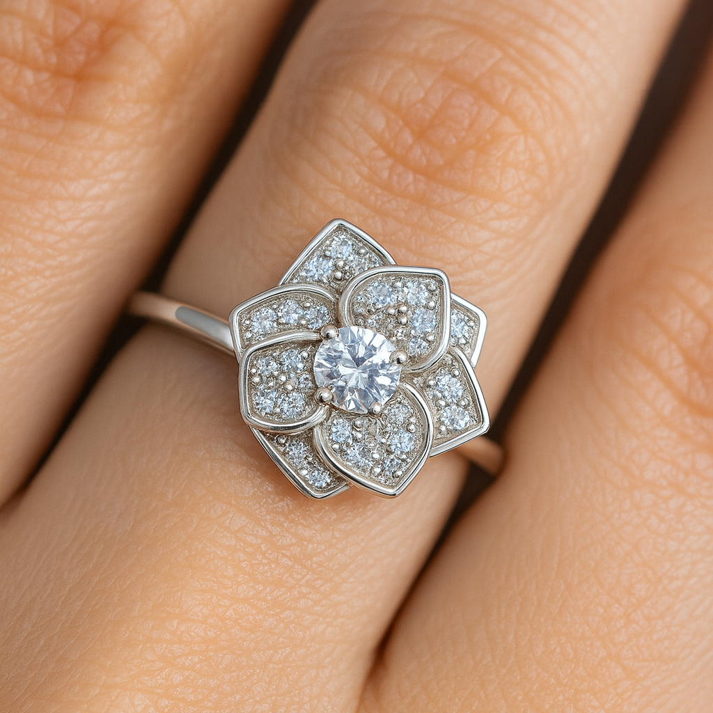 Silver floral ring with a central gemstone on a finger