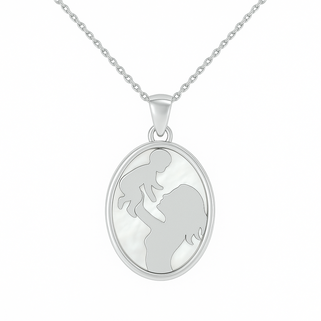 Silver necklace with pendant featuring a father and child silhouette and 'love' text on a white background