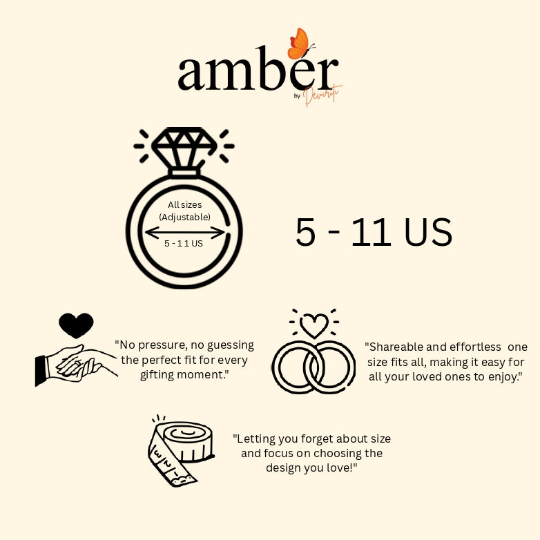 Amber adjustable ring with size chart and features on a beige background