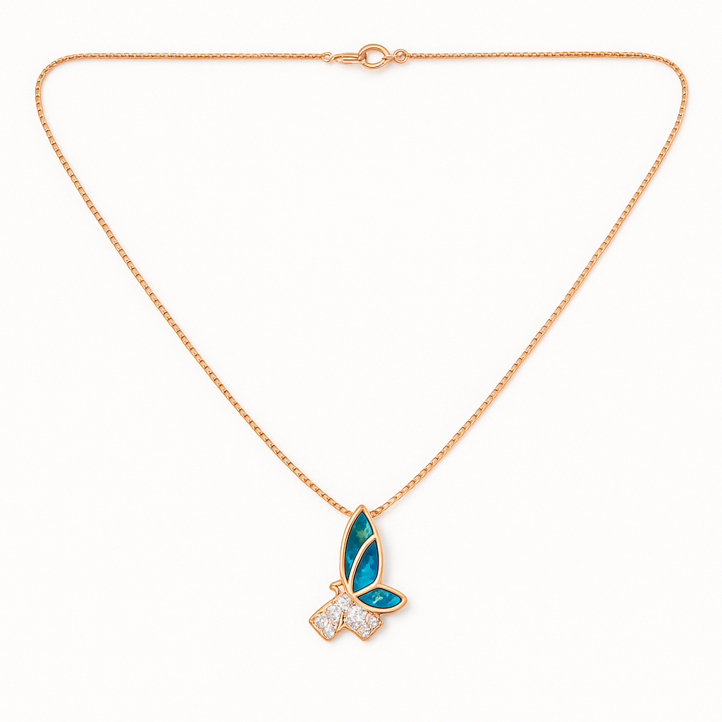 Rose gold necklace with a butterfly pendant featuring blue gemstones and diamonds on a white background
