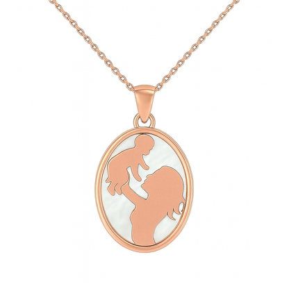 Rose gold necklace with a pendant featuring a silhouette of a woman holding a child on a white background