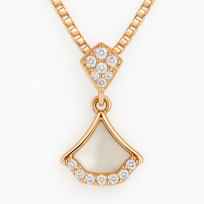 Rose gold necklace with a pendant on a white background