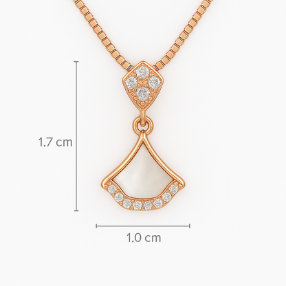 Rose gold necklace with a fan-shaped pendant and diamond accents, shown with measurements on a white background.