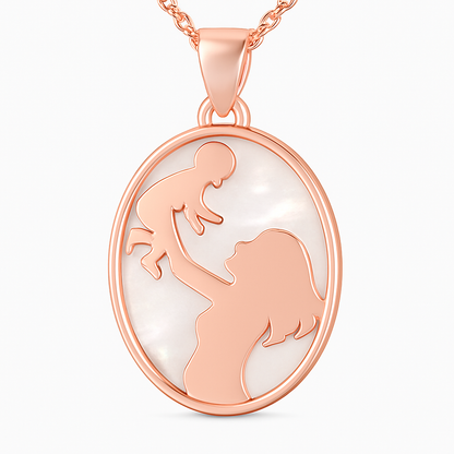 Rose gold pendant with a design of a woman holding a child on a white background