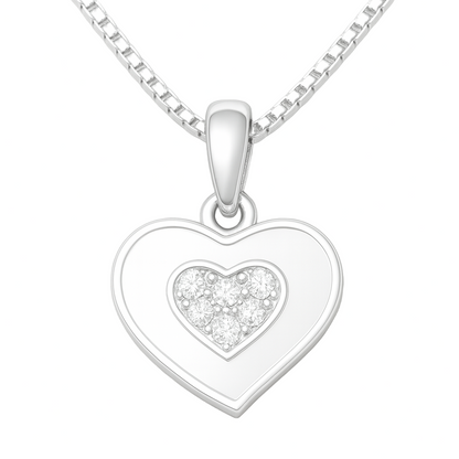 Silver heart-shaped pendant with a clear gemstone on a white background
