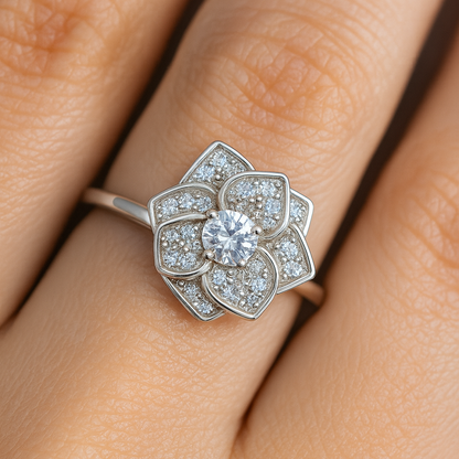 Silver floral ring with a central gemstone on a finger