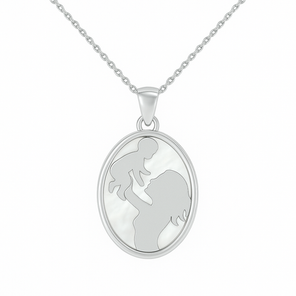 Silver necklace with pendant featuring a father and child silhouette and 'love' text on a white background
