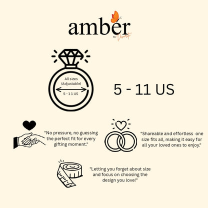 Amber adjustable ring with size chart and features on a beige background
