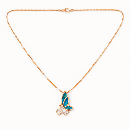 Rose gold necklace with a butterfly pendant featuring blue gemstones and diamonds on a white background